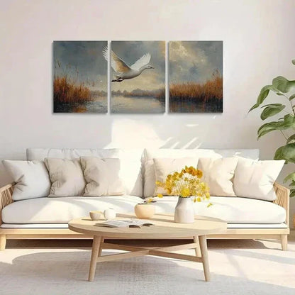 3pcs Serene Landscape with Swans and Reeds Art Set Canvas Unframed - High Quality Print 100% Australian Made Wall Canvas