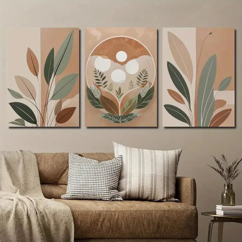 3pcs Bohemian Style Leaf & Nature Elements Wall Art Set Canvas Unframed - High Quality Print 100% Australian Made Wall Canvas - Bella Home Decor