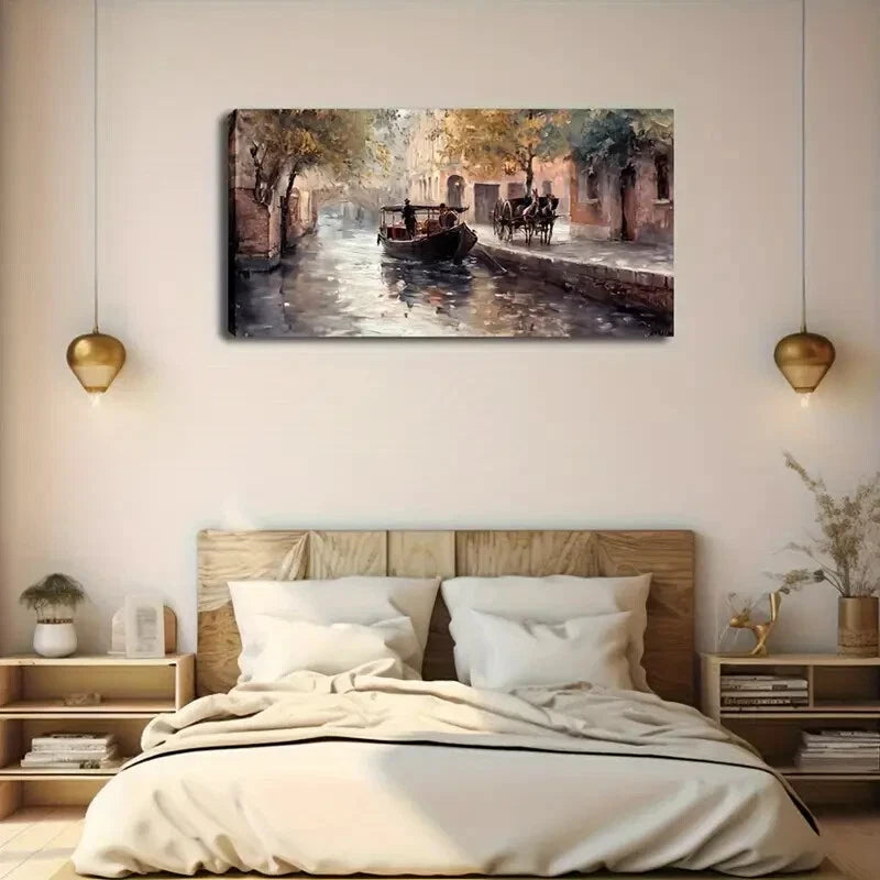 Serene River Scene with Gondola Wall Art Canvas Office Home Room Framed 120x60cm - Bella Home Decor