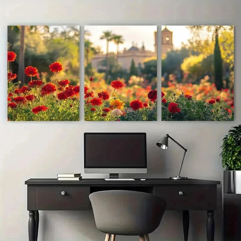 3pcs Vibrant Floral & Architectural Perfect Wall Art Set Canvas Framed 50x70cm - High Quality Print 100% Australian Made Wall Canvas Ready to Hang