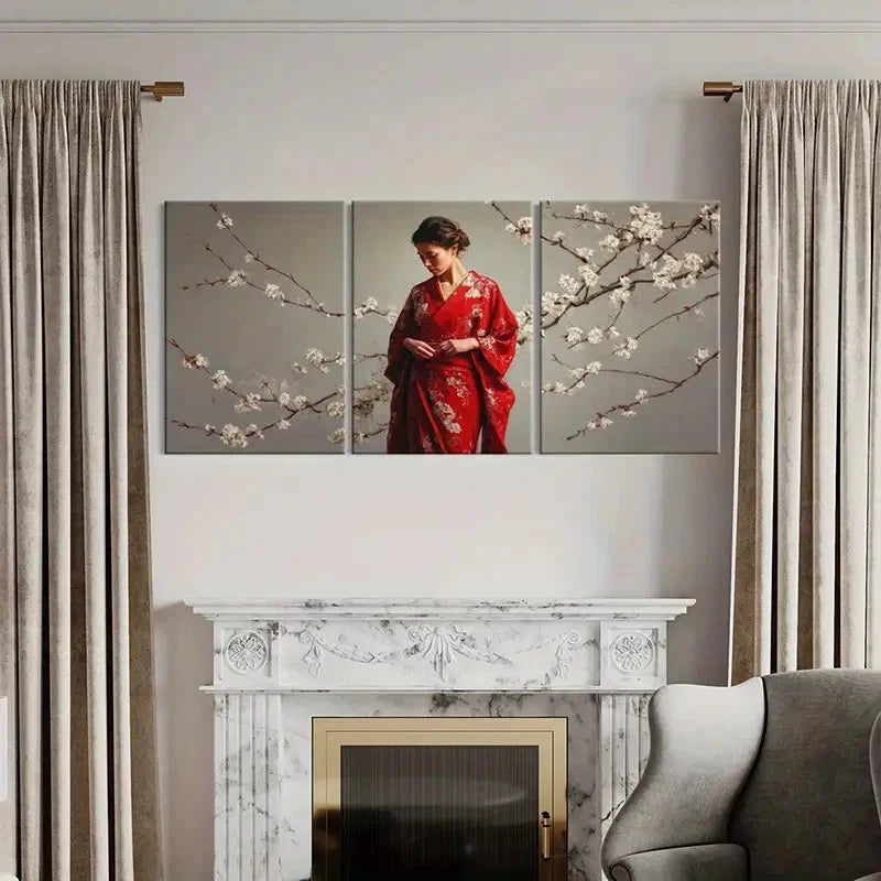3pcs Woman In Red Kimono, Cherry Blossoms  Wall Art Set Canvas Framed 50x70cm - High Quality Print 100% Australian Made Wall Canvas Ready to Hang