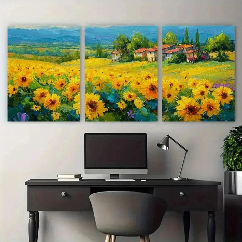 3pcs Vibrant Yellow Flowers Rustic House Perfect Wall Art Set Canvas Framed 50x70cm - High Quality Print 100% Australian Made Wall Canvas Ready to Hang