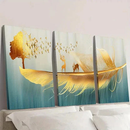 3pcs Feathers Reindeer Birds Money Tree Wall Art Canvas Unframed – High Quality Print 100% Australian Made Wall Canvas