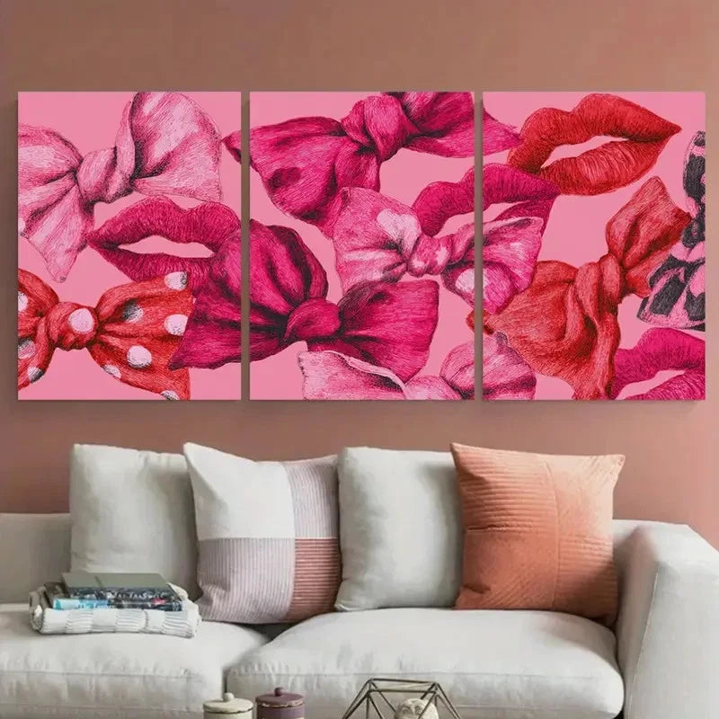3pcs Girly Coquette Bows Retro Kiss Lips Prefect Wall Art Set Canvas Framed 40x60cm - High Quality Print 100% Australian Made Wall Canvas Ready to Hang - Bella Home Decor