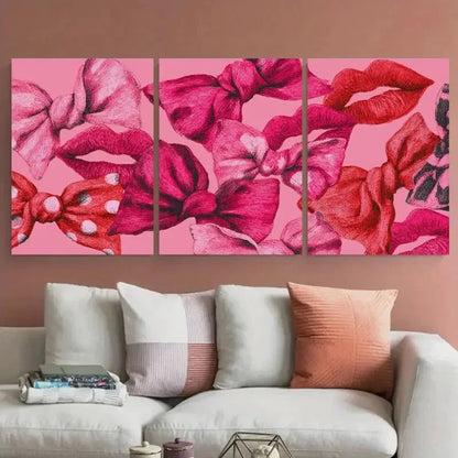 3pcs Girly Coquette Bows Retro Kiss Lips Prefect Wall Art Set Canvas Framed 40x60cm - High Quality Print 100% Australian Made Wall Canvas Ready to Hang - Bella Home Decor
