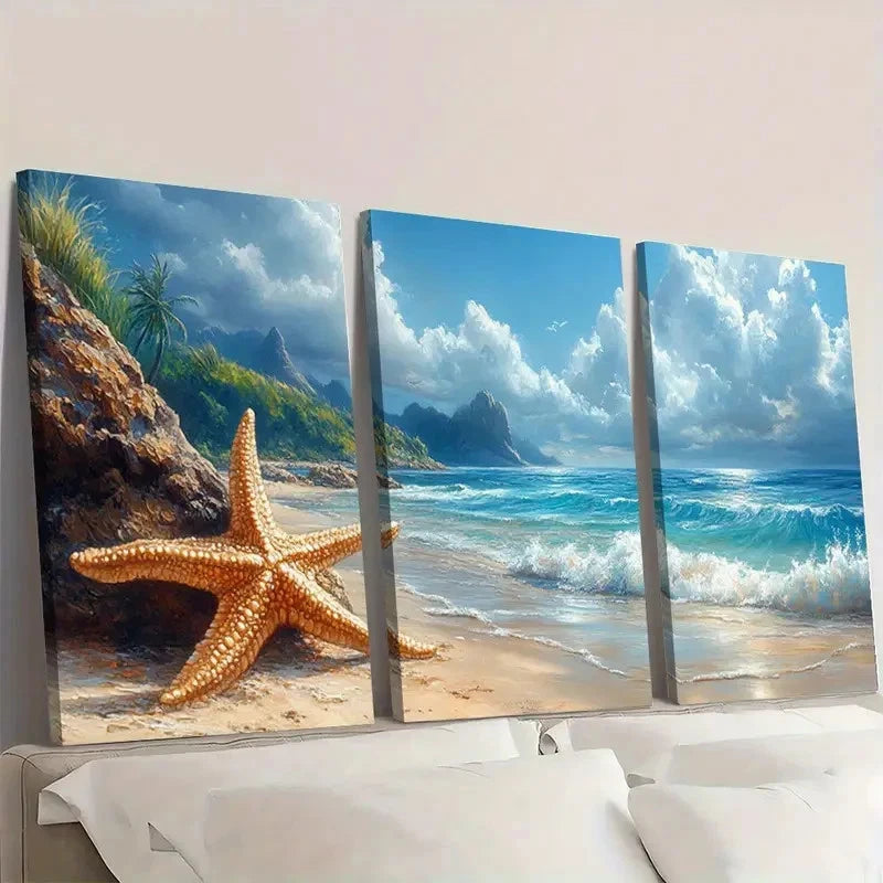 3pcs Coastal Sea Turtle & Starfish Beach Sunset Wall Art Set Canvas Framed 50x70cm - High Quality Print 100% Australian Made Wall Canvas Ready to Hang - Bella Home Decor