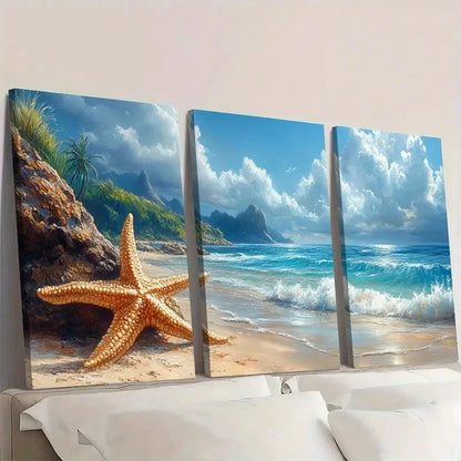 3pcs Coastal Sea Turtle & Starfish Beach Sunset Wall Art Set Canvas Framed 50x70cm - High Quality Print 100% Australian Made Wall Canvas Ready to Hang - Bella Home Decor