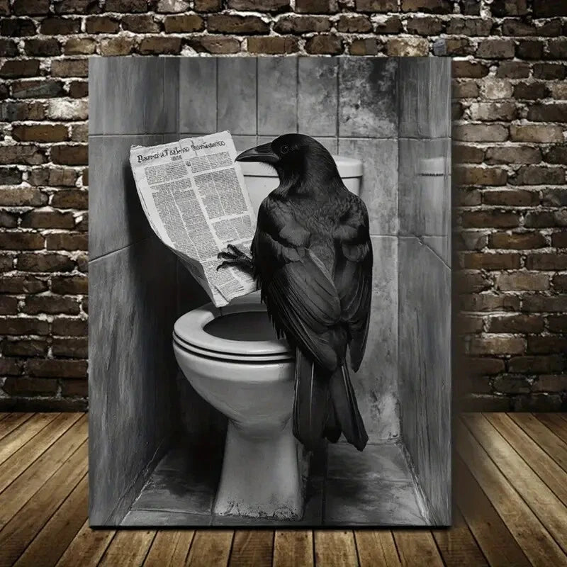 Contemporary Black Crow Reading Newspaper Painting 40x60cm Metal Print Ready to Hang