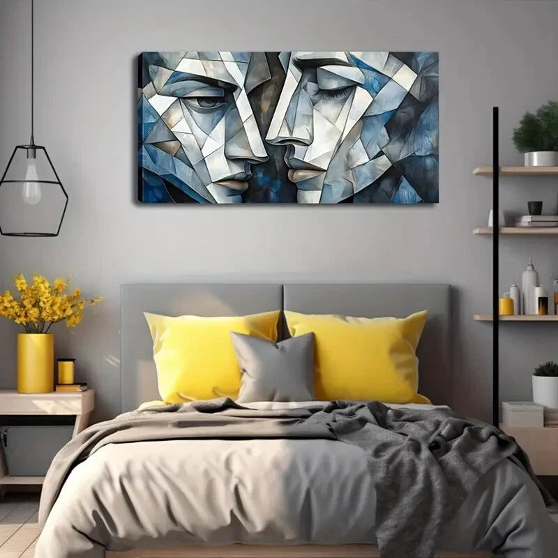 Blue & White Shattered Faces Wall Art Canvas Office Home Room Framed 120x60cm - Bella Home Decor