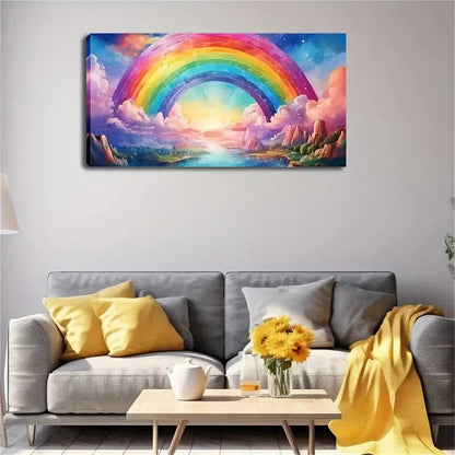 Colorful rainbow painting on a wall above a gray sofa with yellow pillows and a coffee table.