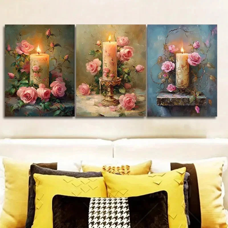 3pcs Pink Roses & Candle Wall Art Set Canvas Framed 40x60cm - High Quality Print 100% Australian Made Wall Canvas Ready to Hang