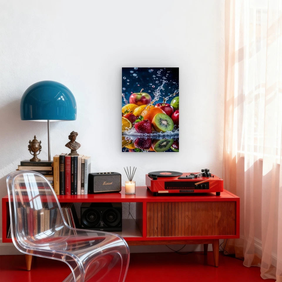 Vibrant Fruit Art with Water Droplets  60x90cm Metal Print Ready to Hang