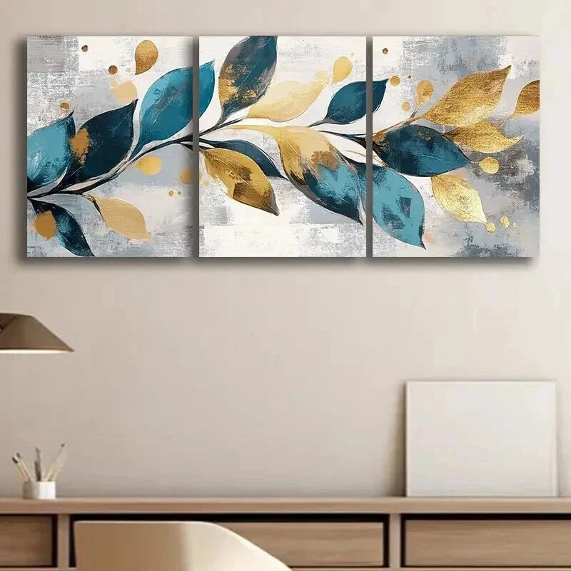 3pcs Abstract Leaves Golden And Teal Wall Art Set Canvas Framed 40x60cm - High Quality Print 100% Australian Made Wall Canvas Ready to Hang - Bella Home Decor