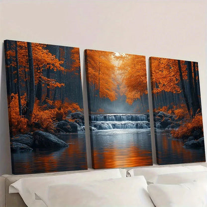 3pcs Orange Trees & Waterfall Autumn Forest Wall Art Set Canvas Framed 60x90cm - High Quality Print 100% Australian Made Wall Canvas Ready to Hang