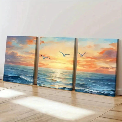 3pcs Ocean Landscape Sunset Waves & Seagulls Wall Art Set Canvas Framed 50x70cm - High Quality Print 100% Australian Made Wall Canvas Ready to Hang - Bella Home Decor
