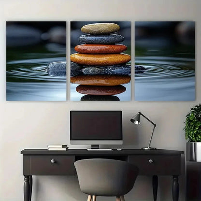 3pcs Stones In Water With Reflection Perfect Wall Art Set Canvas Framed 60x90cm - High Quality Print 100% Australian Made Wall Canvas Ready to Hang