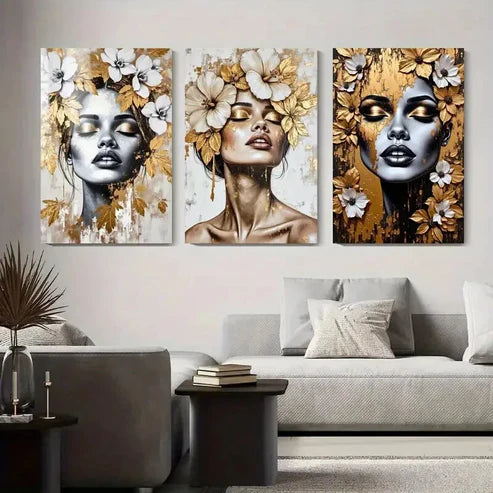 3pcs Golden And White Accent Women Décor Perfect Wall Art Set Canvas Unframed - High Quality Print 100% Australian Made Wall Canvas - Bella Home Decor