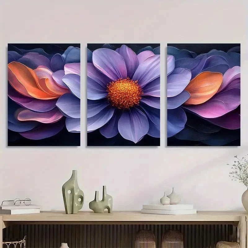 3pcs Vibrant Purple Aster Flower Perfect Wall Art Set Canvas Framed 50x70cm - High Quality Print 100% Australian Made Wall Canvas Ready to Hang