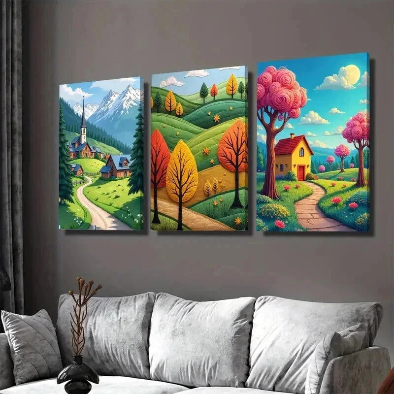 3pcs Village & Mountain Landscape Vibrant Autumn Wall Art Set Canvas Framed 50x70cm - High Quality Print 100% Australian Made Wall Canvas Ready to Hang