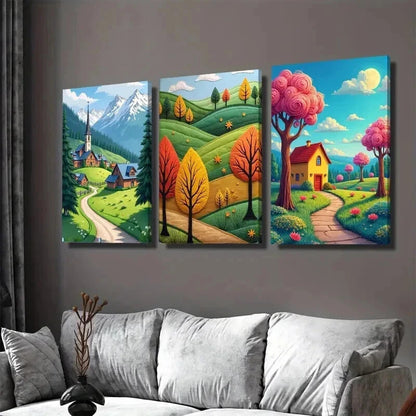 3pcs Village & Mountain Landscape Vibrant Autumn Wall Art Set Canvas Framed 50x70cm - High Quality Print 100% Australian Made Wall Canvas Ready to Hang