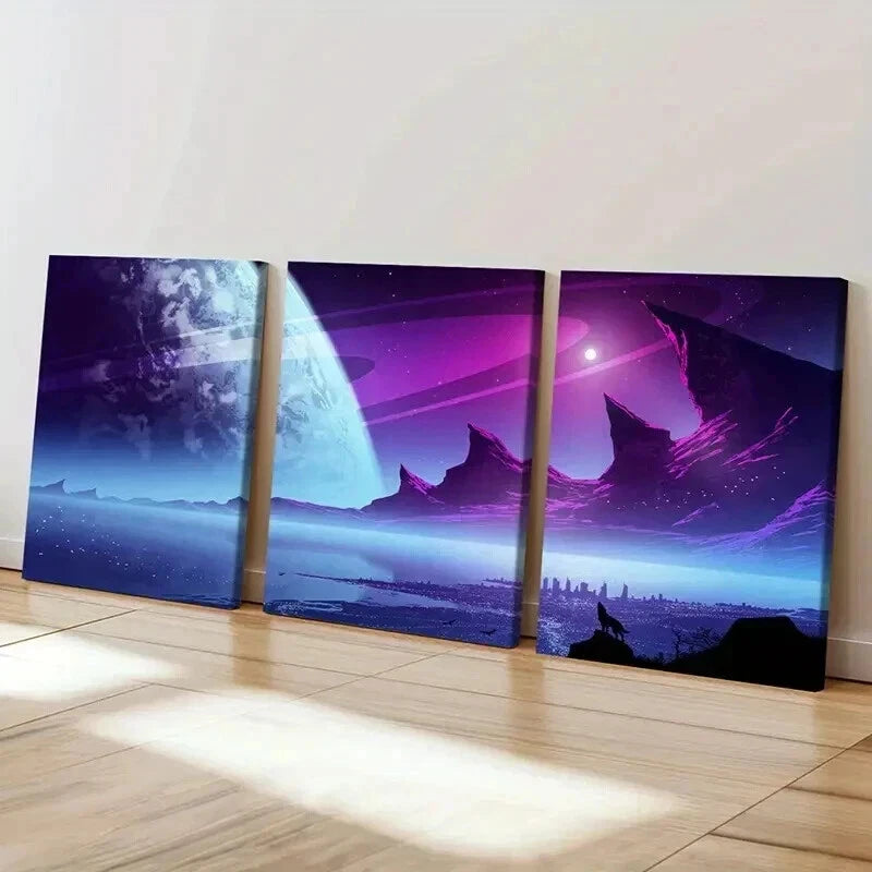 3pcs Fantasy Landscape Art Island & Howling Wolf Wall Art Set Canvas Framed 50x70cm - High Quality Print 100% Australian Made Wall Canvas Ready to Hang - Bella Home Decor