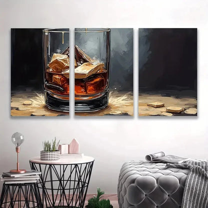 3pcs Golden Whiskey Glass Canvas Painting  Wall Art Set Canvas Framed 60x90cm - High Quality Print 100% Australian Made Wall Canvas Ready to Hang - Bella Home Decor