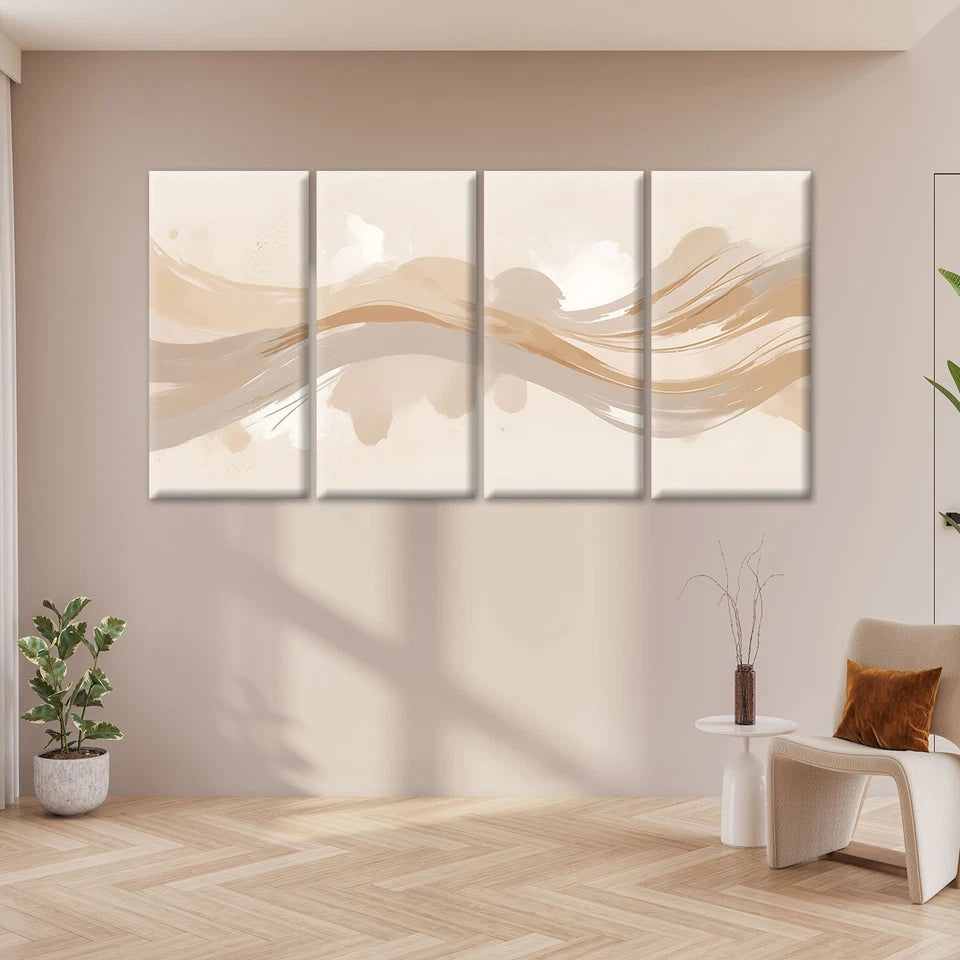 4pcs Neutral Beige Brush Stroke Waves Wall Art Set Canvas Framed 45x80cm - High Quality Print 100% Australian Made Wall Canvas Ready to Hang