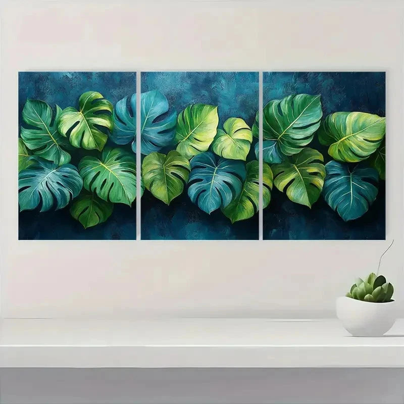 3pcs Tropical Monstera Leaf Green & Blue GB Wall Art Set Canvas Framed 40x60cm - High Quality Print 100% Australian Made Wall Canvas Ready to Hang