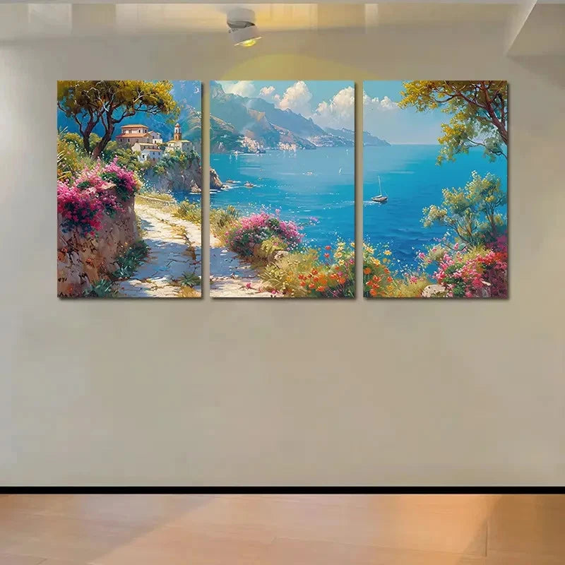 3pcs Vibrant Mediterranean Coastal Village Sea  Wall Art Set Canvas Framed 50x70cm - High Quality Print 100% Australian Made Wall Canvas Ready to Hang - Bella Home Decor