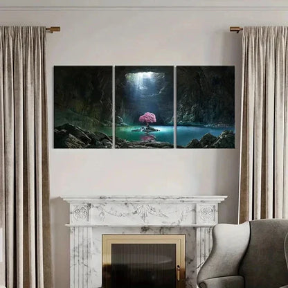 3pcs Mystical Cave with Glowing Tree & Lake Wall Art Canvas Unframed - High Quality Print 100% Australian Made Wall Canvas