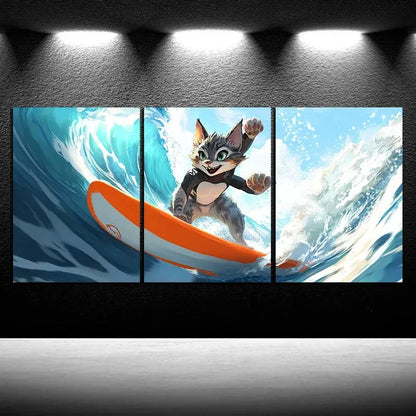 3pcs The Cat on The Surfboard Metal Print Ready to Hang Art