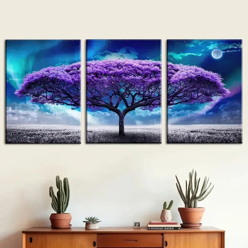 3pcs Purple Tree Life Under Starry Sky Perfect Wall Art Canvas Unframed - High Quality Print 100% Australian Made Wall Canvas