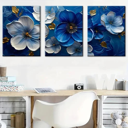 3pcs Blue And White Floral Patterns Wall Art Set Canvas Unframed - High Quality Print 100% Australian Made Wall Canvas - Bella Home Decor