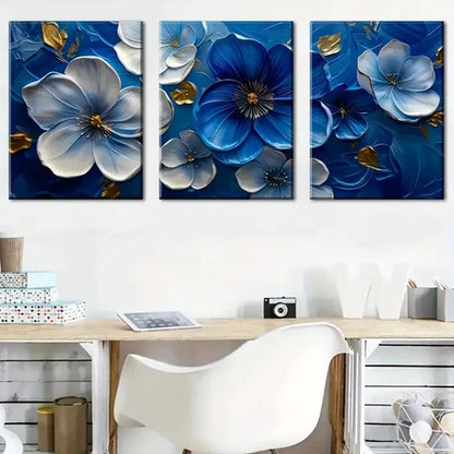 3pcs Blue And White Floral Patterns Wall Art Set Canvas Unframed - High Quality Print 100% Australian Made Wall Canvas - Bella Home Decor