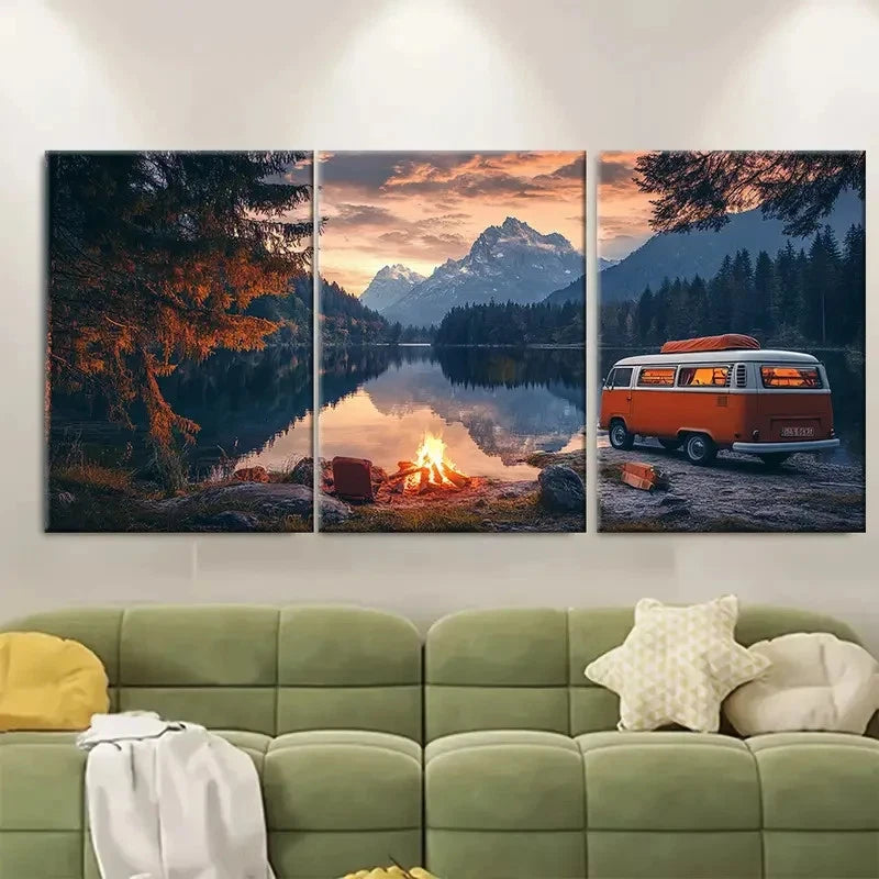 3pcs Camping Kombi Van Adventure Forest Scene Wall Art Set Canvas Framed 60x90cm - High Quality Print 100% Australian Made Wall Canvas Ready to Hang - Bella Home Decor