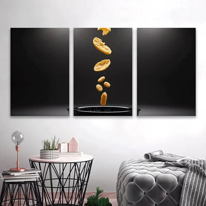3pcs Black Bowl with Nachos Spray-Painted  Wall Art Set Canvas Framed 40x60cm - High Quality Print 100% Australian Made Wall Canvas Ready to Hang - Bella Home Decor