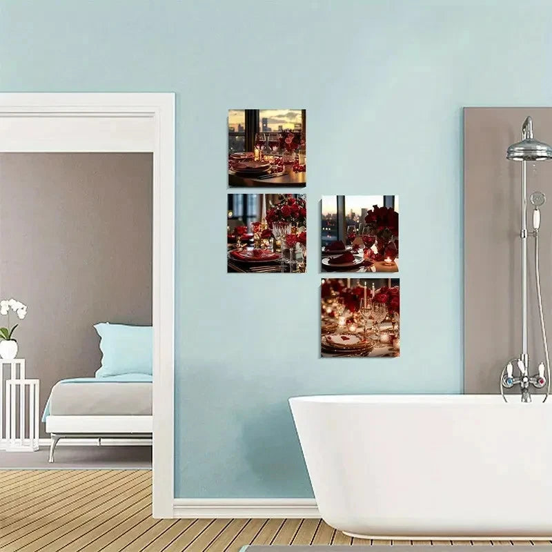 4pcs Delicate Romantic Love Restaurant Rose Wine Wall Art Canvas Framed