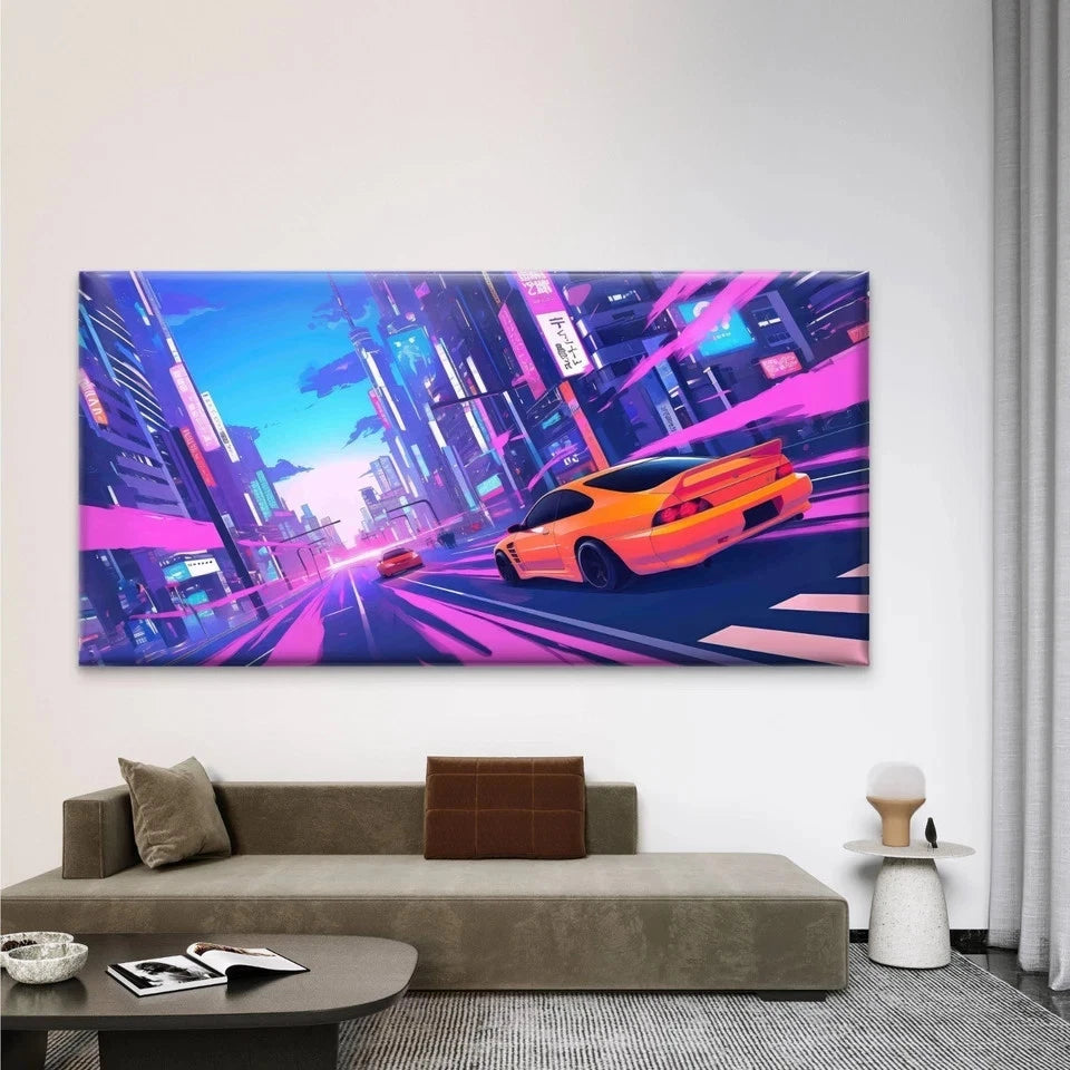 Cyberpunk Synthwave-Style City Wall Art Canvas Office Home Room Framed 120x60cm
