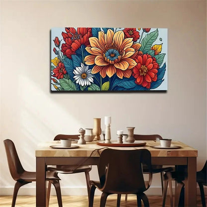 Vibrant Floral Bohemian Modern Wall Art Canvas Office Home Room Framed 120x60cm
