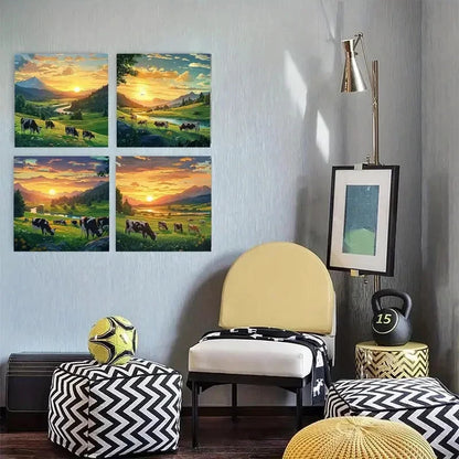 4pcsSunrise View fields and meadowsWall Art Canvas Framed