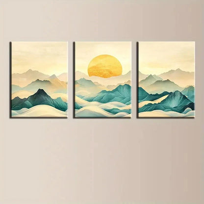 3pcs Serene Green Mountain Sunset Metal Print Ready to Hang Art - Bella Home Decor
