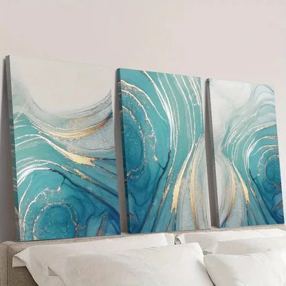 3pcs Beautiful Blue Golden Beach Fluid Wall Art Set Canvas Unframed - High Quality Print 100% Australian Made Wall Canvas - Bella Home Decor