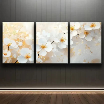 3pcs White Blossoms with Golden Nature Perfect Wall Art Set Canvas Unframed - High Quality Print 100% Australian Made Wall Canvas