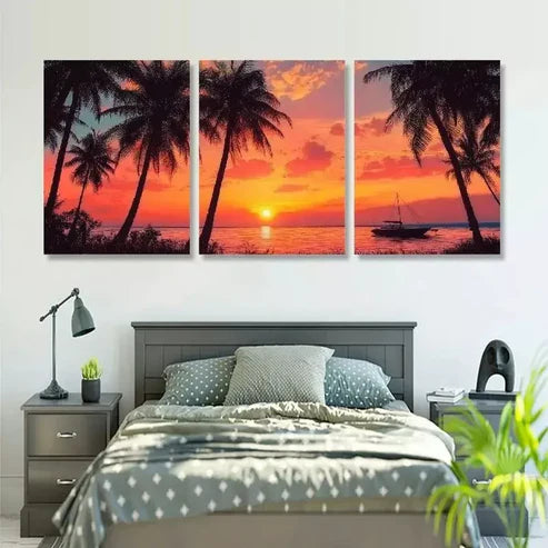 3pcs Silhouette Coconut Palm Trees on Beach Canvas Unframed - High Quality Print 100% Australian Made Wall Canvas