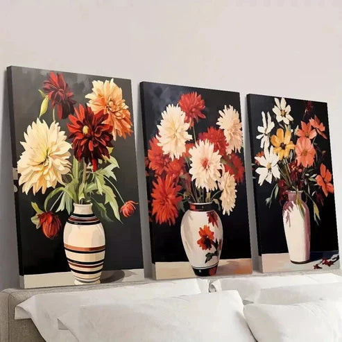 3pcs Colorful Red Orange White Flowers in Vases Wall Art Set Canvas Unframed - High Quality Print 100% Australian Made Wall Canvas - Bella Home Decor