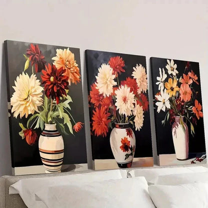 3pcs Colorful Red Orange White Flowers in Vases Wall Art Set Canvas Unframed - High Quality Print 100% Australian Made Wall Canvas - Bella Home Decor