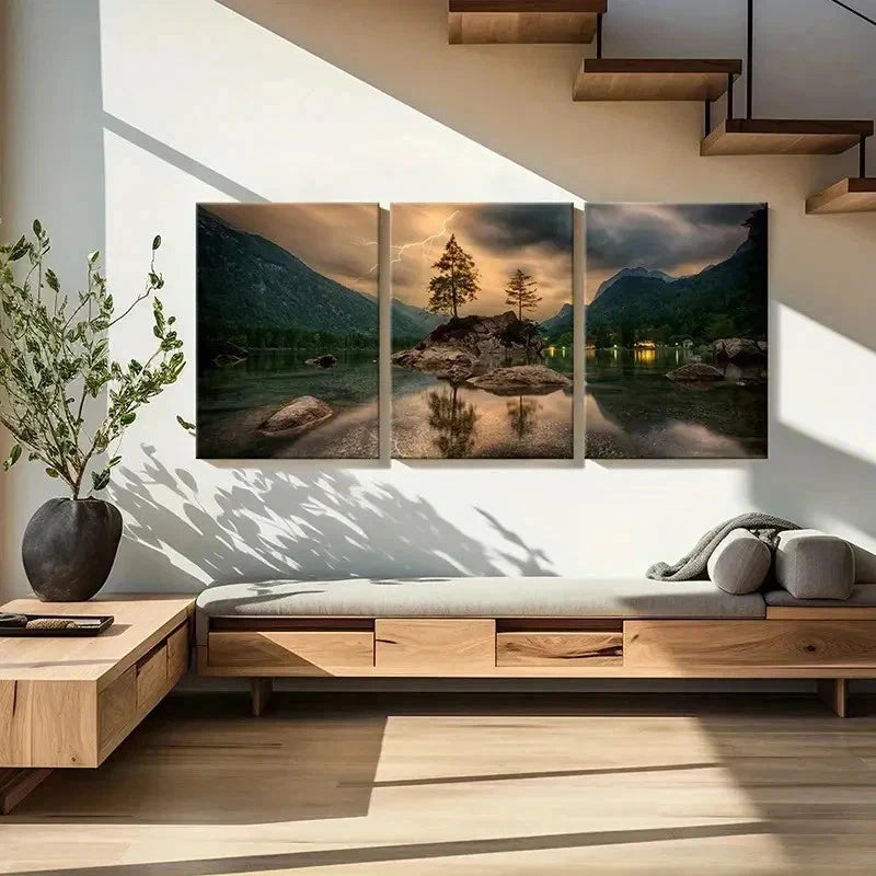 3pcs Forest Stones in the Lake & Lightning Wall Art Set Canvas Framed 50x70cm - High Quality Print 100% Australian Made Wall Canvas Ready to Hang - Bella Home Decor