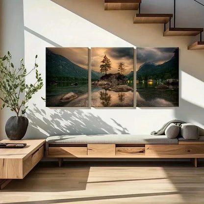3pcs Forest Stones in the Lake & Lightning Wall Art Set Canvas Framed 50x70cm - High Quality Print 100% Australian Made Wall Canvas Ready to Hang - Bella Home Decor