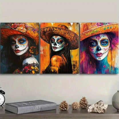 3pcs Energetic Day of the Dead Woman Painting Metal Print Ready to Hang Art