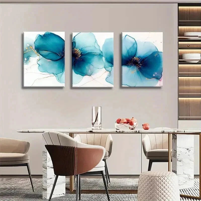 3pcs Abstract Blue Floral Watercolor Flower Wall Art Set Canvas Framed 50x70cm - High Quality Print 100% Australian Made Wall Canvas Ready to Hang - Bella Home Decor